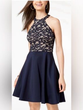 B. Smart Navy Halter Hoco Dress with Gold Sequin Bodice